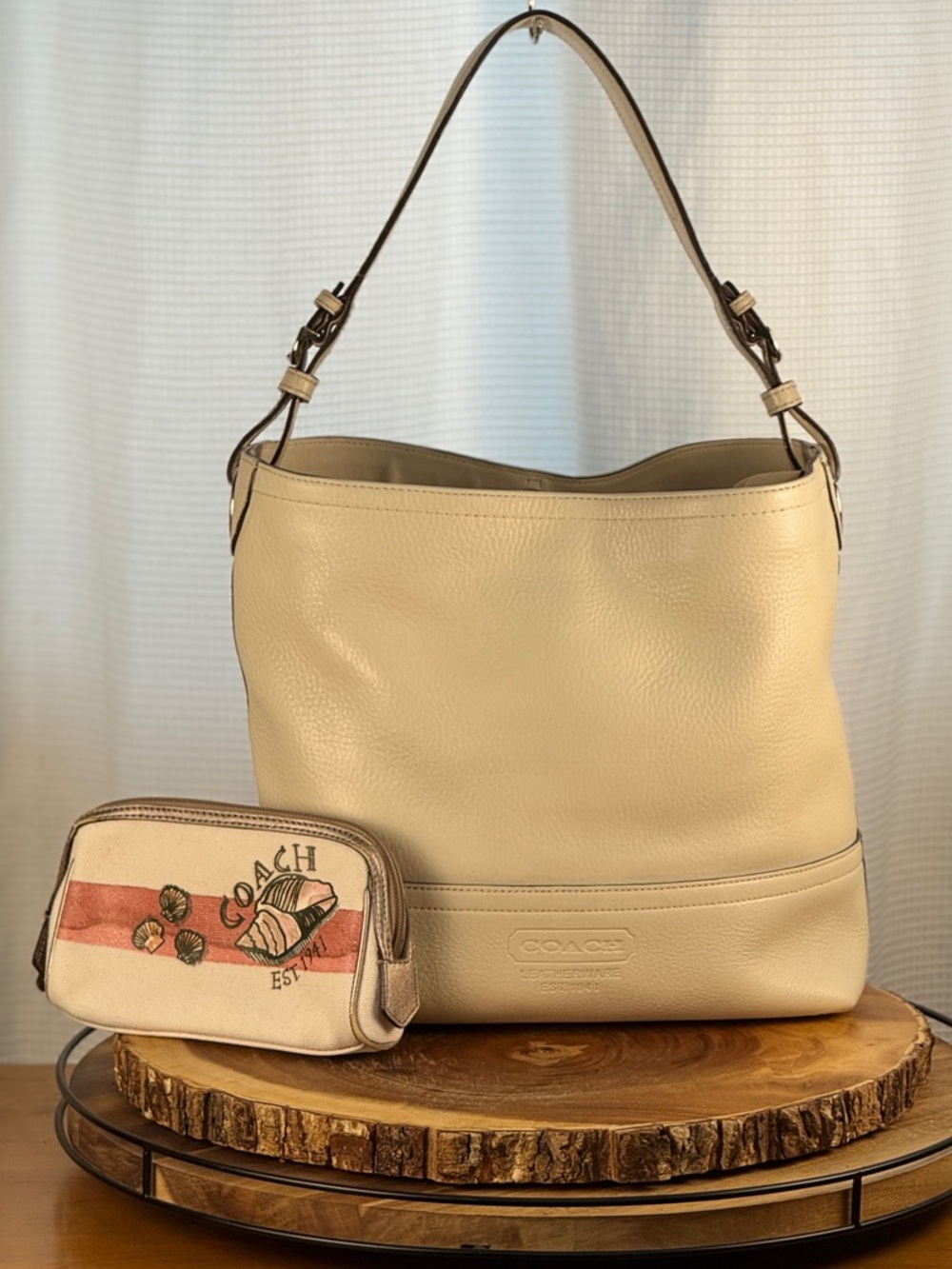 Coach Cream Leather Hobo Shoulder Bag + Resort Seashell Pouch Bundle